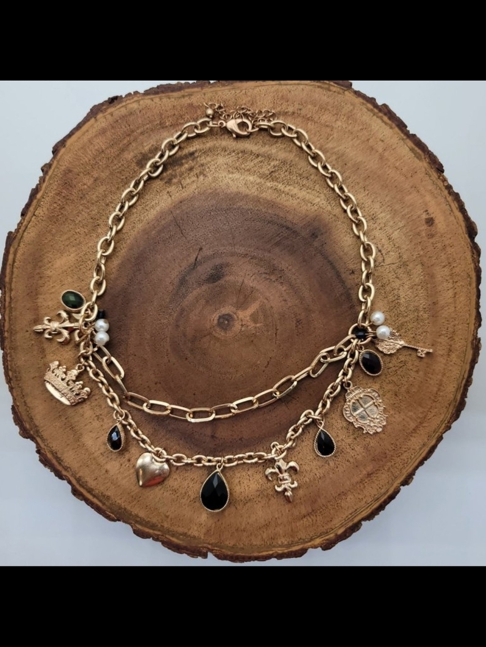 Vintage Cookie Lee Goldtone Charm Necklace Crown, Key, Fleur De Lis